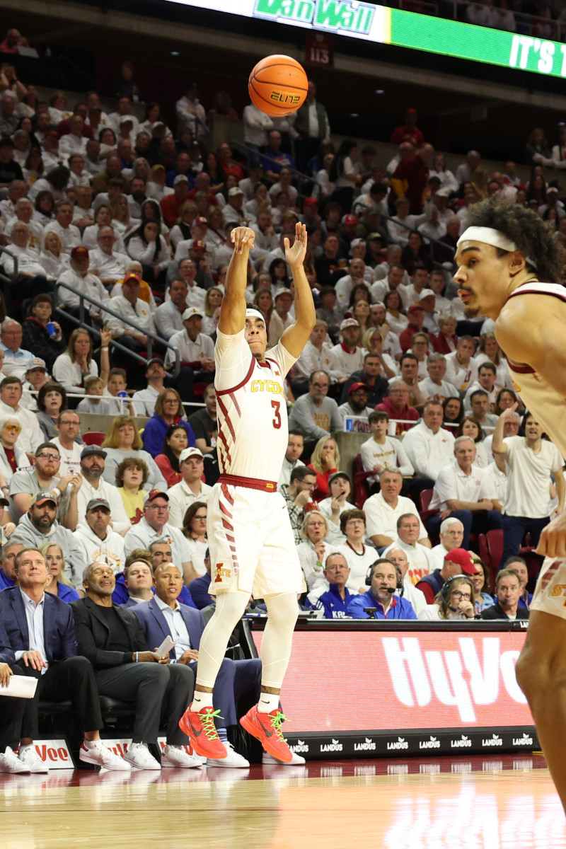 Feb 4, 2023; Ames, Iowa, USA; Iowa State Cyclones guard Tamin Lipsey (3) shoots the ball against the Kansas Jayhawks at James H. Hilton Coliseum. Mandatory Credit: Reese Strickland-USA TODAY Sports